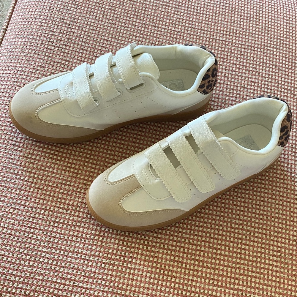 Dolce Vita White and Tan Sneakers with Leopard Detail